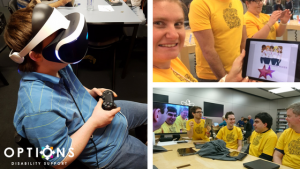 three photos: Two of a group on a field trip at an Apple store and one of a man with a virtual reality mask on playing a computer game